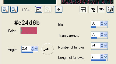 colour=#c24d6b, Angle=251, Blur=30, Transparency=89, number of furrows=24, Length of furrows=9