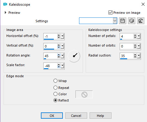 horizontal offset=-1, vertical offset=0, rotation angle=45, scale=-48, petals=4, prbots=0, radial suction=35, edge mode=reflect