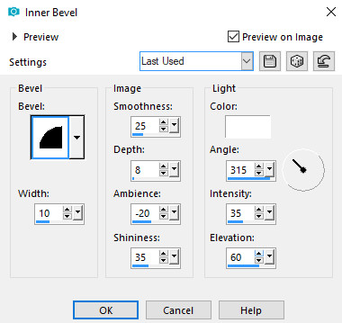 bevel=2, width=10, smoothness=25, depth=8, ambience -20, shininess=35, light=white, angle=135, intensity=35, elevation=60