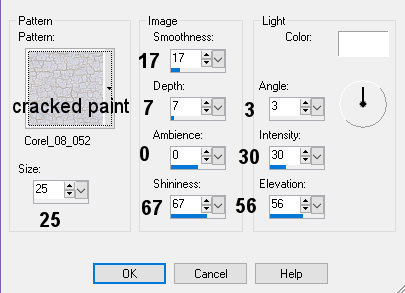 pattern=2, size=25, smoothness=17, depth=7, ambience=0, shininess=67, angle=3, intensity=30, elevation=56