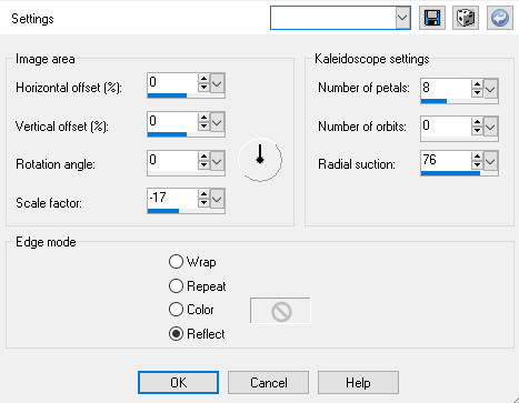 horizontal=0, vertical=0, angle=0, scale factor=-17, petals=8, orbit=0, radial suction=76, edge mode=reflect