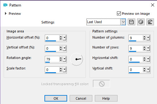 horizontal offset=0, vertical offset=0, rotation angle=79, scale factor=0, columns=9, rows=9, horizontal shift=0, verticalshift=0