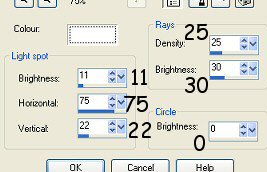 colour=white, light spot-brightness=11, horizontal=75, vertical=22, rays-density=25, brightness=30, circle-brightness=0