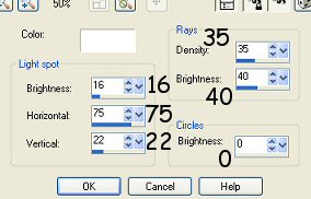 colour=white, light spot-brightness=16, horizontal=75, vertical=22, rays-density=35, brightness=40, circle-brightness=0
