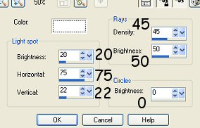 colour=white, light spot-brightness=20, horizontal=75, vertical=22, rays-density=45, brightness=50, circle-brightness=0