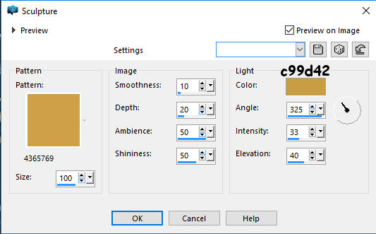 pattern=4365769,size=100, smoothness=10, depth=20, ambience=50, shininess=100, colour=#C99D42, angle=325, intensity=33, elevation=40